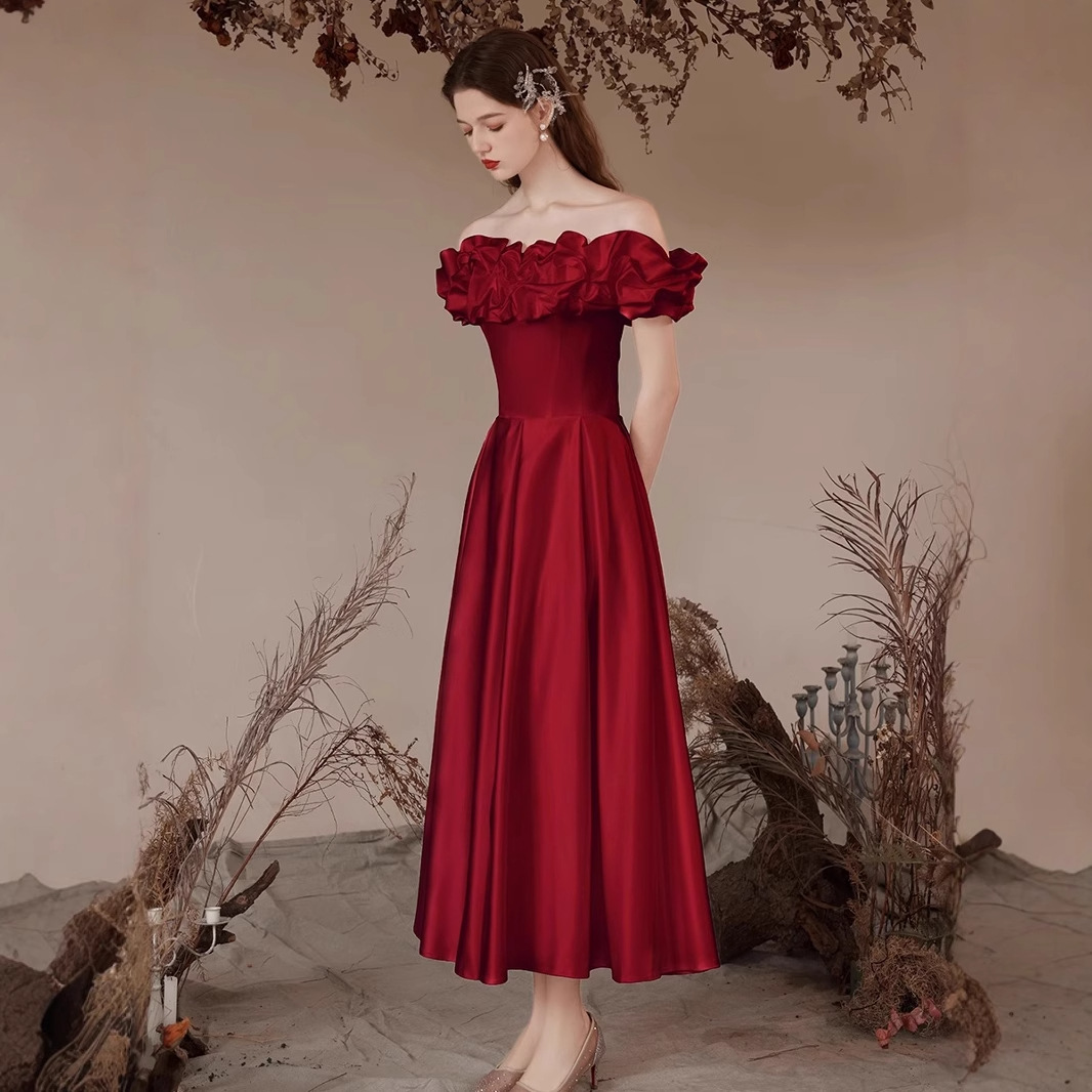 Wine Red Bride Marriage Engagement Dress Mid-length High-end Sense