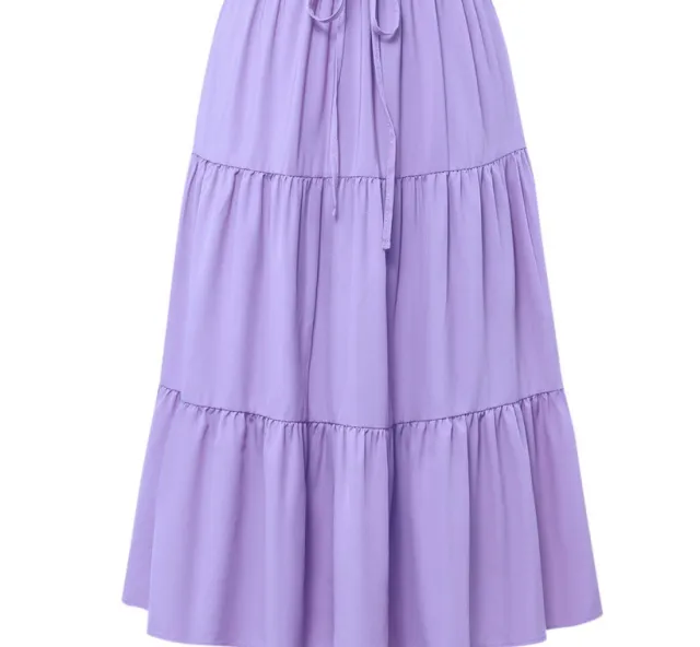 European And American Solid Color Stitching Ruffle Elastic Pocket Skirt Purple - Shop at LoveMi
