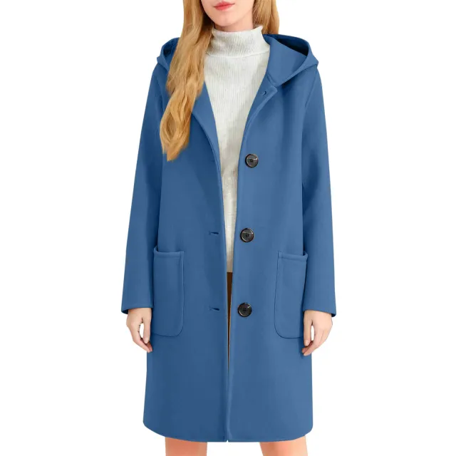 Womens Double Faced Wool Coat With Hood Blue - Shop at LoveMi