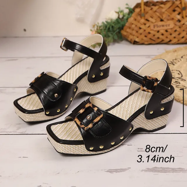 Female Button Metal Buckle Beach Chunky Heel Sandals Black - Shop at LoveMi