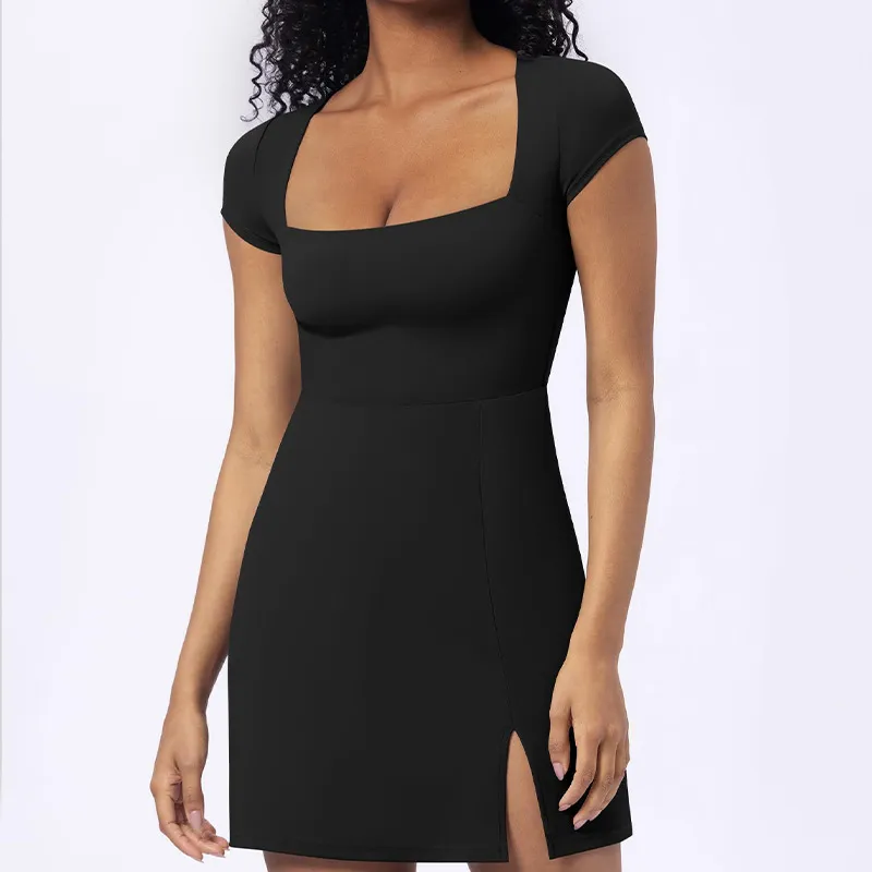 Women's Solid Color Split A-line U-neck Dress - Black