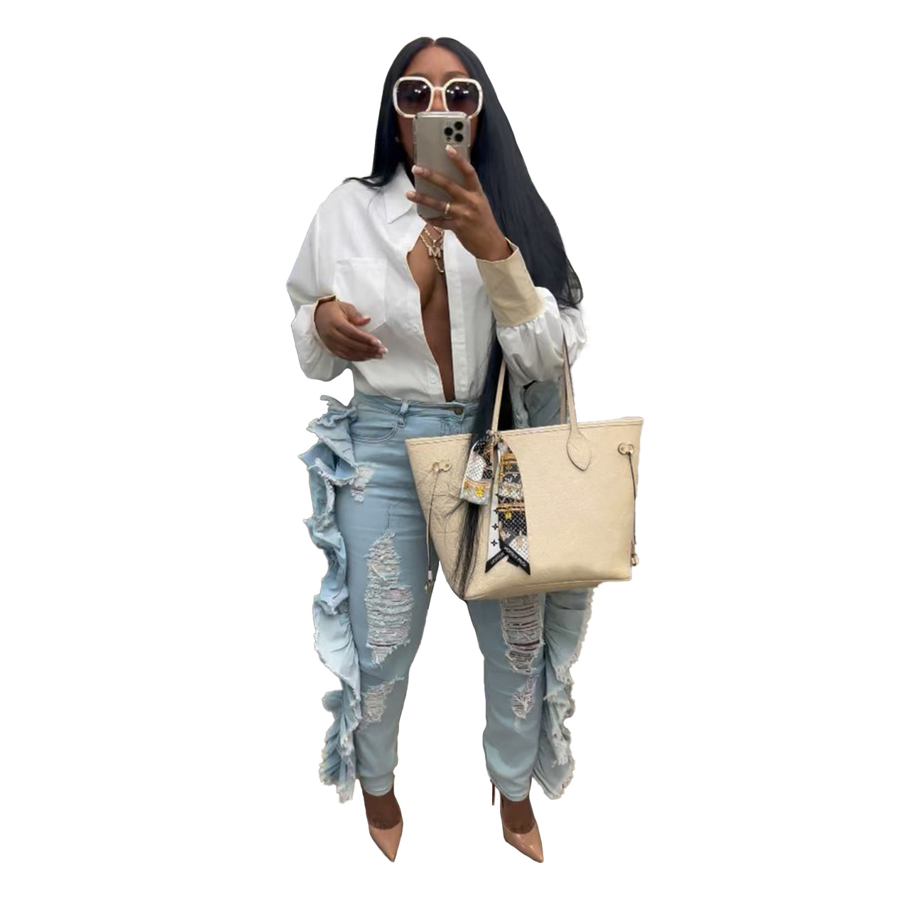 بنطلون جينز نسائي عالي المرونة بتصميم مريح ومغسول مع لمسة شخصية