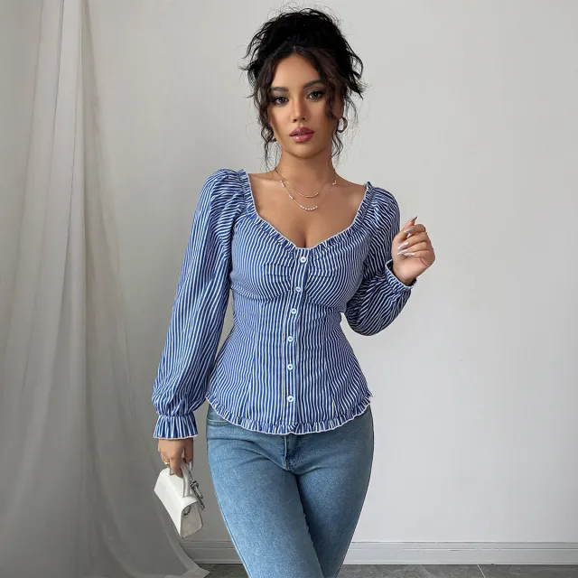 Style Striped Long sleeved T shirt Blouse Women Blue - Shop at LoveMi