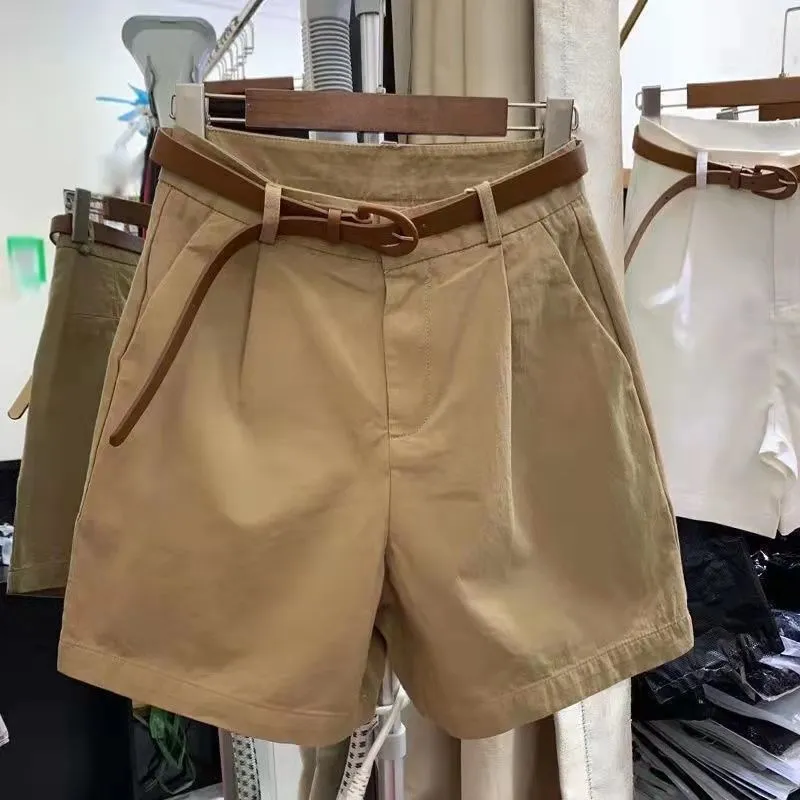 Womens Loose Slimming High-waisted Wide-leg Outerwear Shorts - Khaki