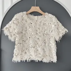 Sequined Top European And American Fashion Shiny T-shirt - Beige - View 1