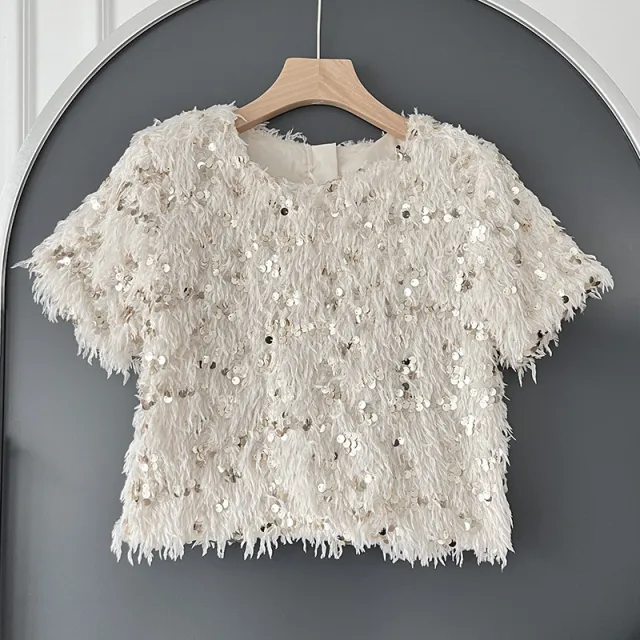Sequined Top European And American Fashion Shiny T shirt Beige - Shop at LoveMi