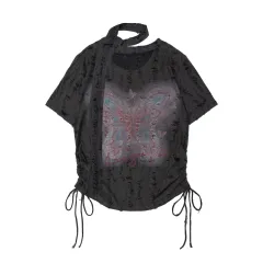 Butterfly Embroidered Korean Drawstring Half Sleeve Top - Dark Grey - View 1