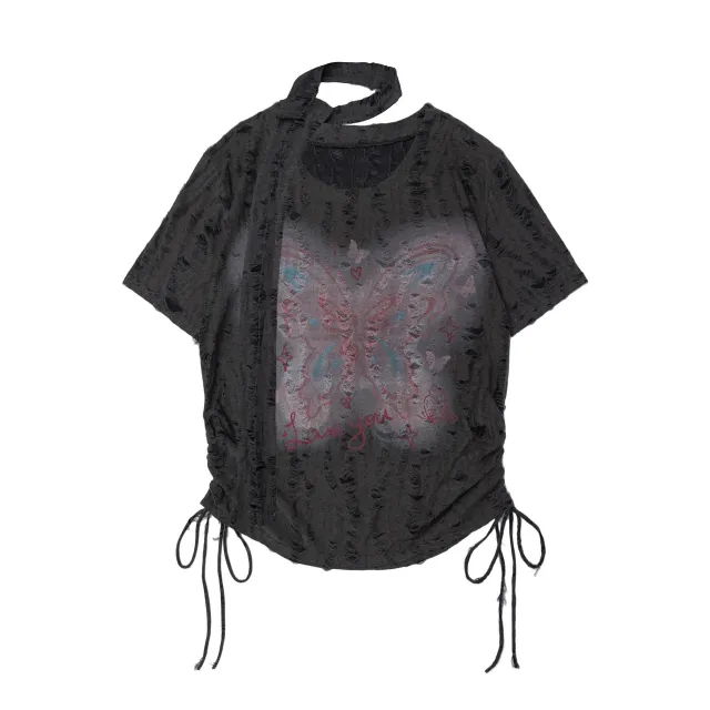 Butterfly Embroidered Korean Drawstring Half Sleeve Top Dark Gray - Shop at LoveMi