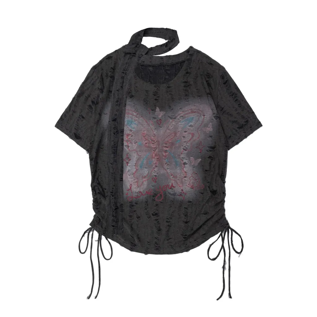 Butterfly Embroidered Korean Drawstring Half Sleeve Top - Dark Grey