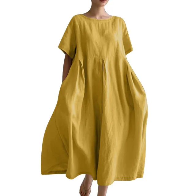 Women's Cotton And Linen Loose Round Neck Short Sleeve Yellow - Shop at LoveMi