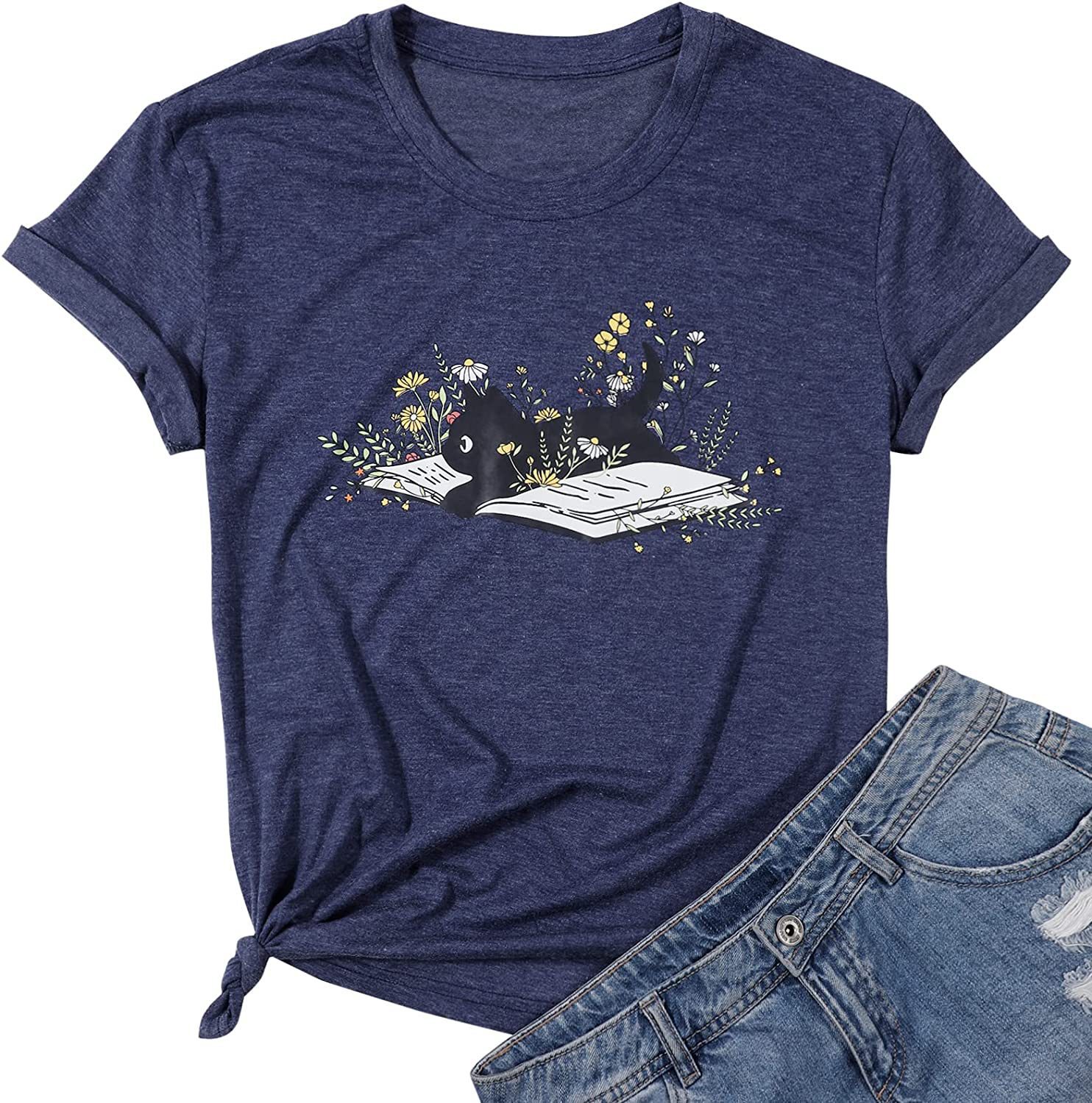 Women's Simple Casual Sports Cute Book Cat Printed T-shirt