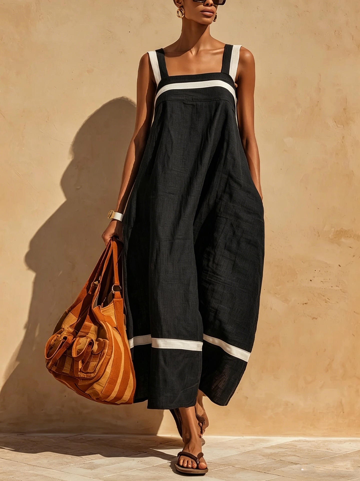 Women's Contrast Strap Dress in Navy Blue – Color Options Styled View