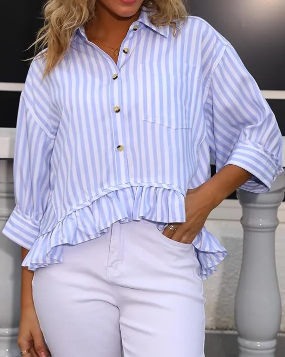 Women's Casual Loose Striped Shirt With Ruffled Hem And Short Sleeves Blue - Shop at LoveMi