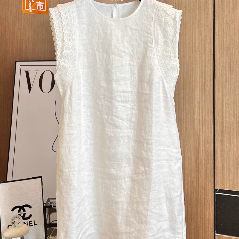 Lace-trimmed Round-neck Cotton-linen Vest Dress