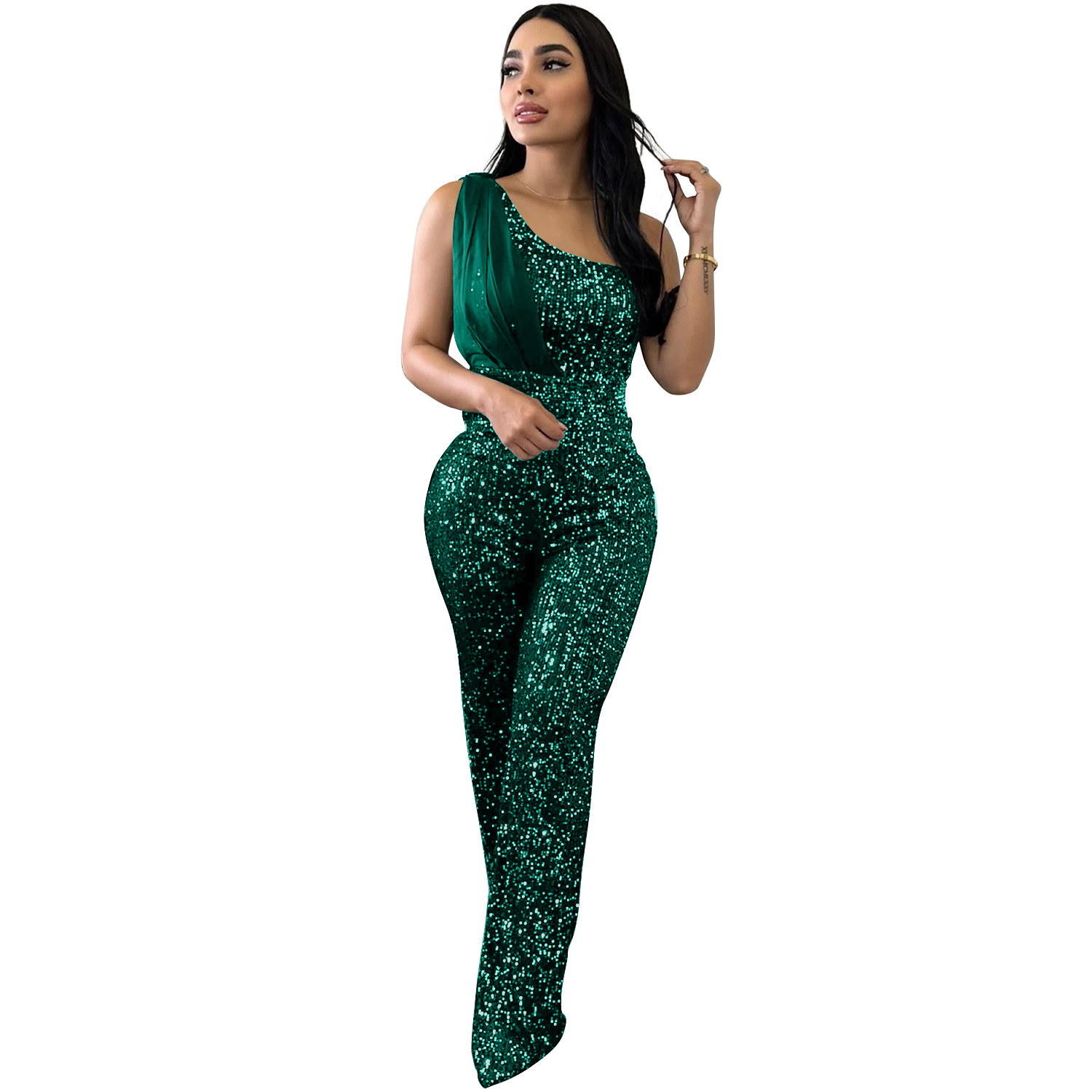 Women's Solid Color Sleeveless One-shoulder Sequined Trousers Jumpsuit - Image 6