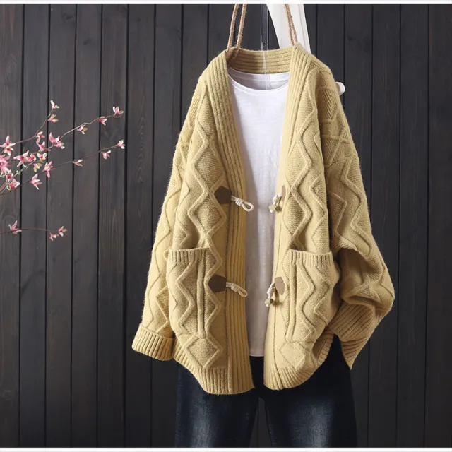 Loose Western Style All match Horn Button Sweater For Women Yellow - Shop at LoveMi