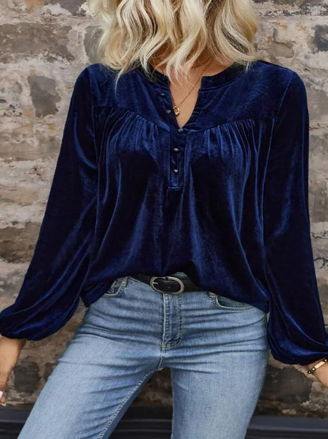 Casual Temperament Commute Button Long Sleeve Top Women's Clothing - Blue