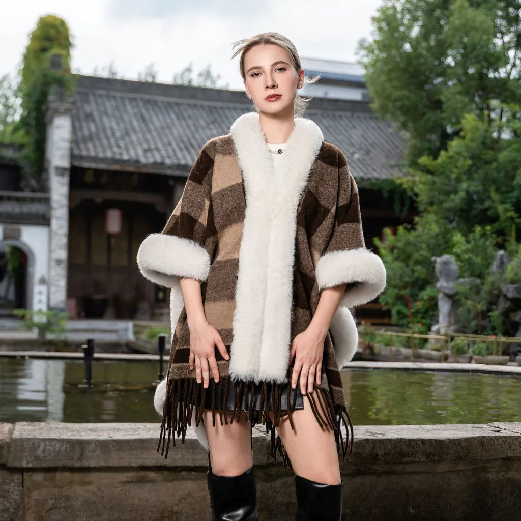 New Plus Size Cloak Hooded Fleece-lined Thickened Fur Shawl Loose Versatile Coat - Brown