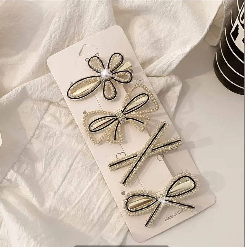 Classic Style Headdress Fringe Clip Side Barrettes Bow Tie Pearl 4 Piece Set - Shop at LoveMi