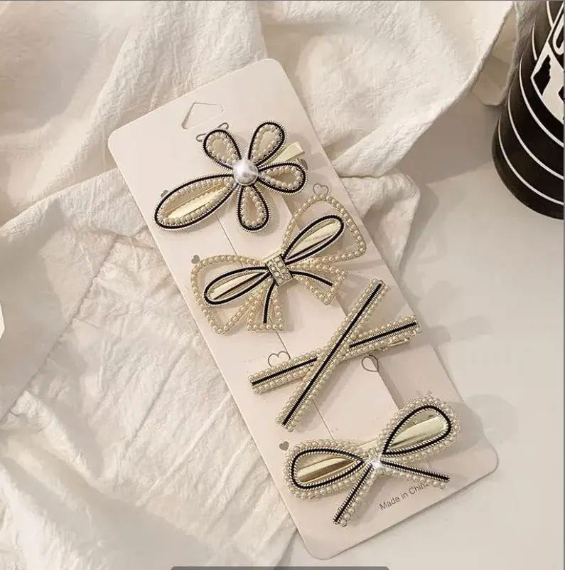 Classic Style Headdress Fringe Clip Side Barrettes - Bow Tie Pearl 4 Piece Set