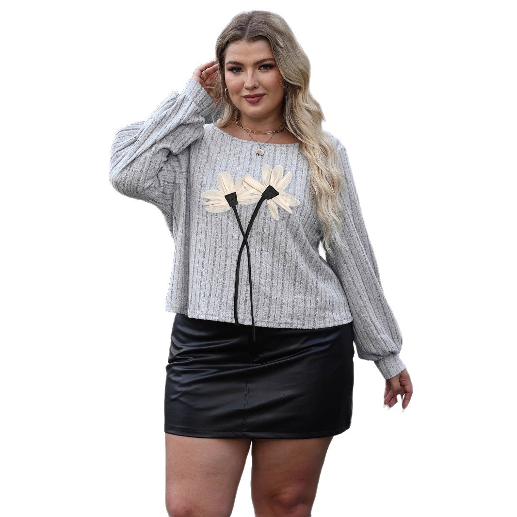 Mesh Three-dimensional Flower Patchwork Round Neck Female Plus Size Casual Top