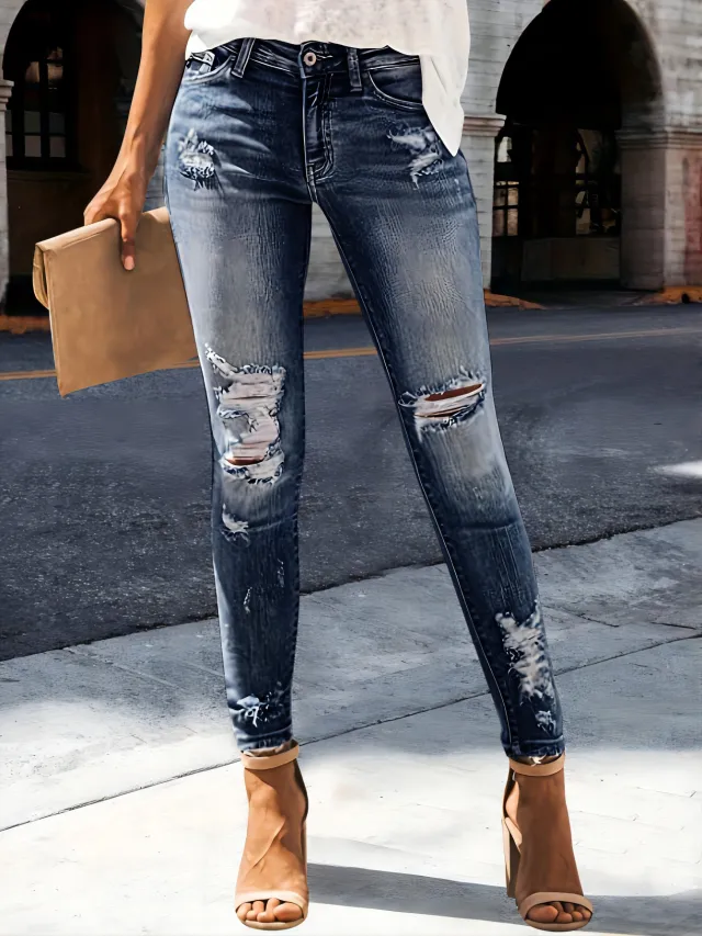 Jeans Women's High Elastic Slim Fit Slimming Dark Blue - Shop at LoveMi