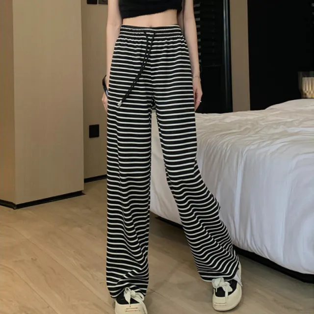 Women's Ice Silk Straight Black And White Striped Casual Pants Black Stripes - Shop at LoveMi