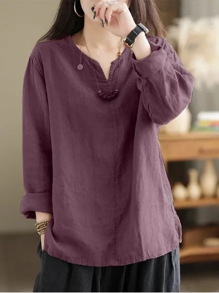 Retro Casual Loose Long Sleeve Split Women's Shirt Purple - Shop at LoveMi