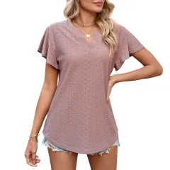 Women's Solid Colour And V-neck Ruffle Sleeve Casual T-shirt - Bean Paste Red - View 1