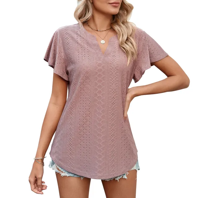 Women's Solid Color And V neck Ruffle Sleeve Casual T shirt Bean Paste Red - Shop at LoveMi