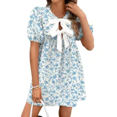 Female Leisure Summer Floral Print Bow Dress - Flower - View 1