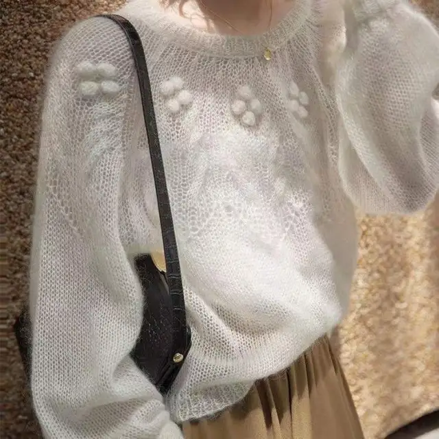Retro High grade White Mohair Sweater For Women White - Shop at LoveMi