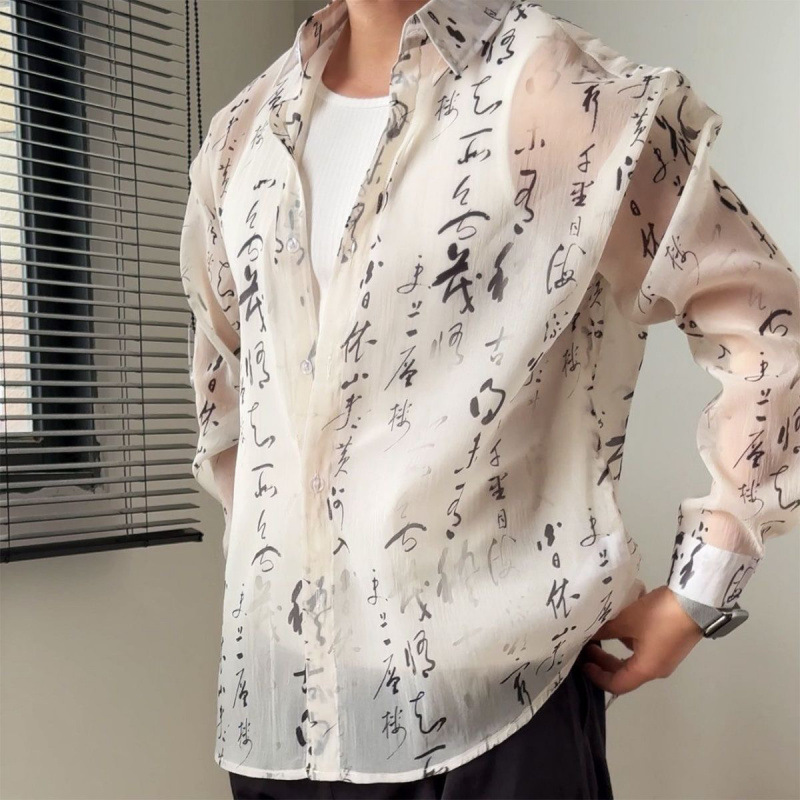 Chinese-style Calligraphy And Ink-wash Design Sheer Fabric Slim-fit Edgy Yet Casual Mens Shirt