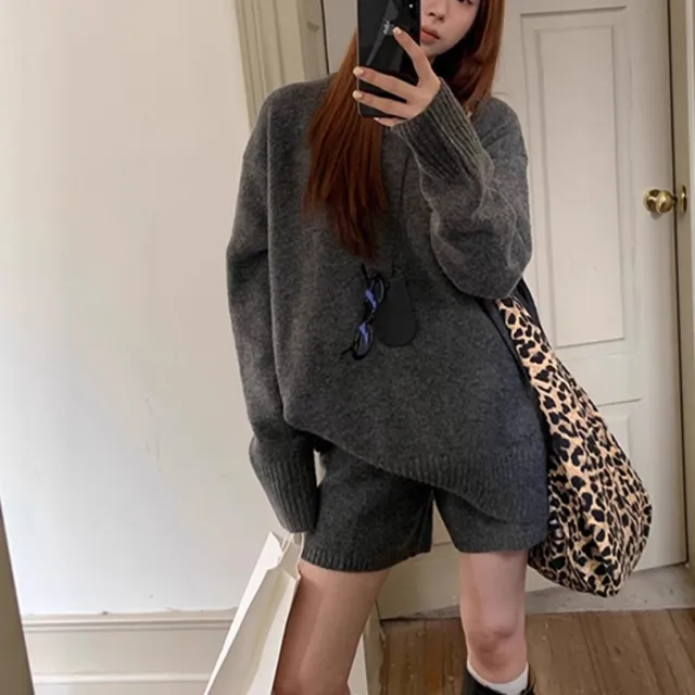 Knitting Suit Loose High Waist Shorts Short Skirt Two piece Set Gray - Shop at LoveMi