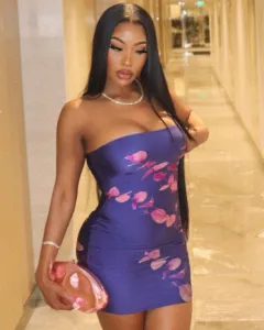 Sexy Strapless Mini Dress Party Slim Fit Printed Slimming Dress - Purple - View 1