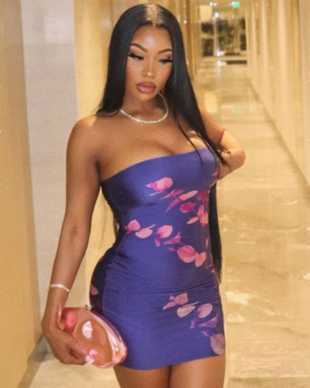 Sexy Strapless Mini Dress Party Slim Fit Printed Slimming Dress Purple - Shop at LoveMi