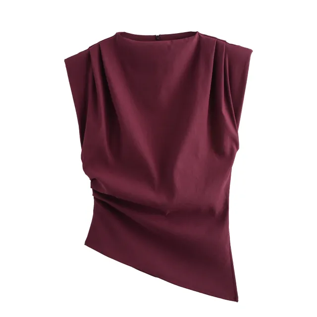 Beveled Pleated Decorative Padded Shoulder Top Wine - Shop at LoveMi