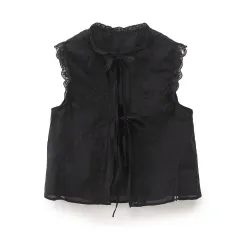 Summer Sweet Bowknot Decoration Sleeveless Lace Embroidered Shirt - Black - View 1