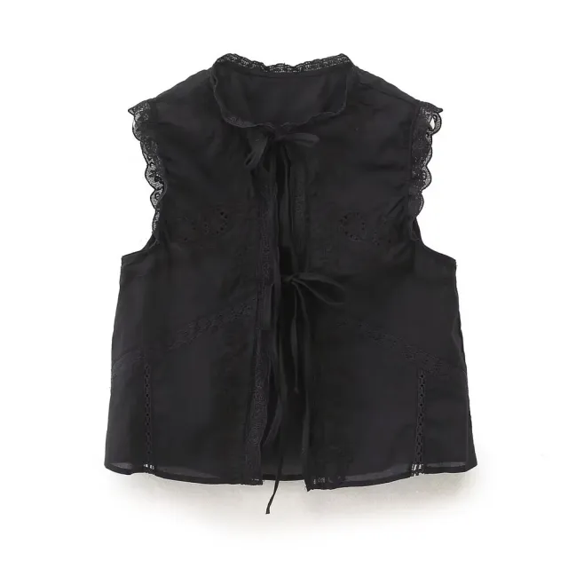 Summer Sweet Bowknot Decoration Sleeveless Lace Embroidered Shirt Black - Shop at LoveMi