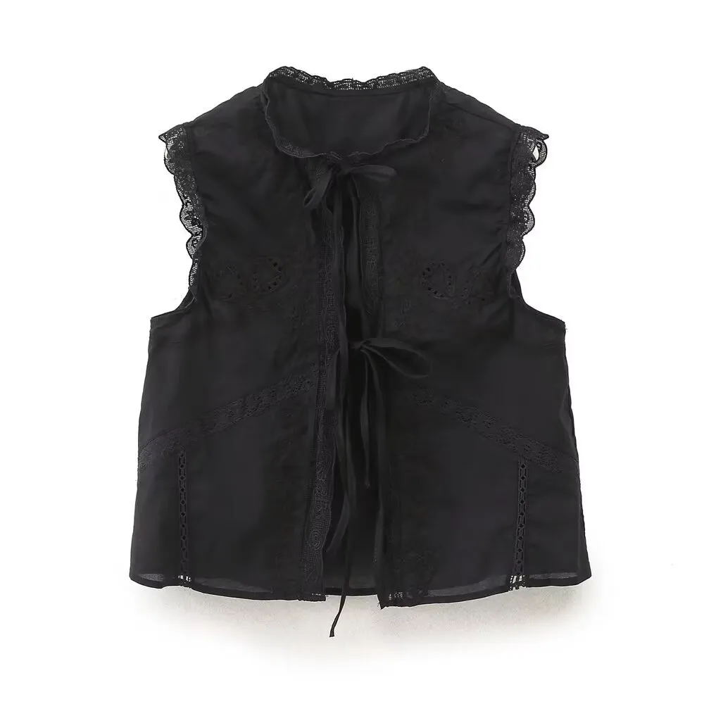 Summer Sweet Bowknot Decoration Sleeveless Lace Embroidered Shirt - Black