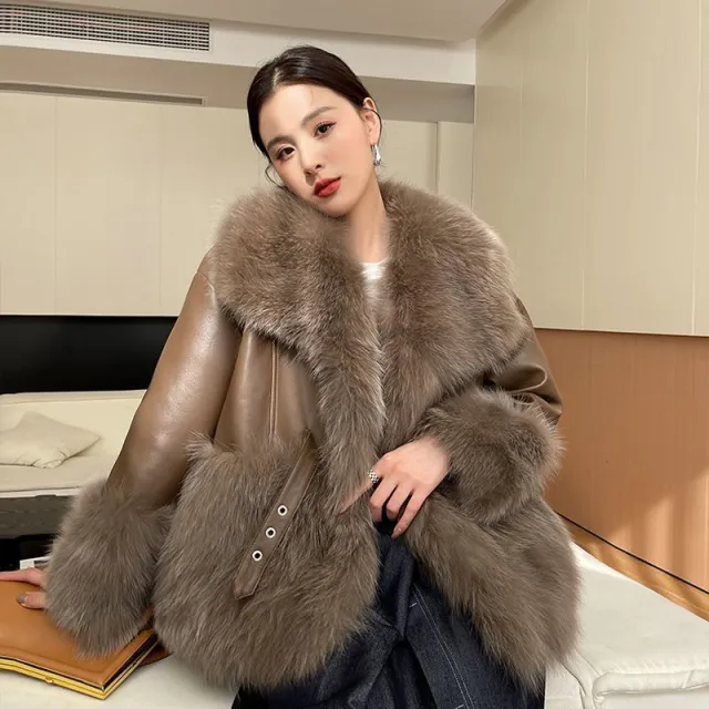 Big Fur Collar Stitching For A Woman Faux Coat Cocoa Color - Shop at LoveMi