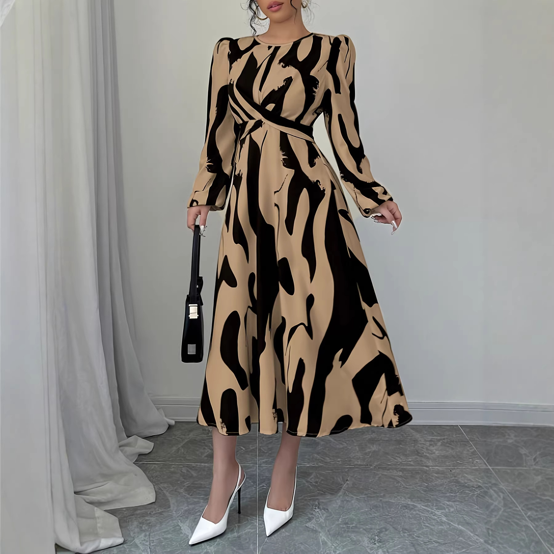 Womens Asymmetrical Printed Tie Bow-Detailed Elastic-Cuff Casual Resort Maxi Dress For Women