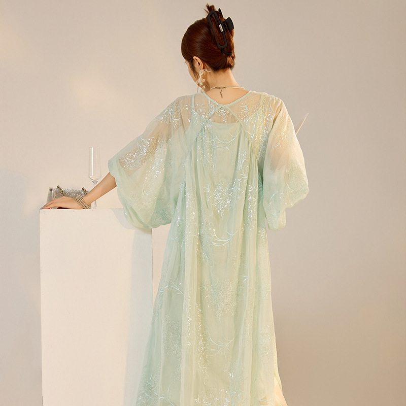 Summer New Chinese Style Elegant Dress National Style New Loose Sequins