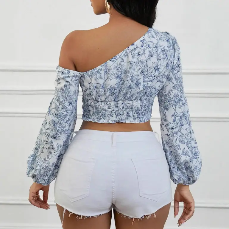 Women's Asymmetric Shoulder Puff Sleeve Shirt Autumn