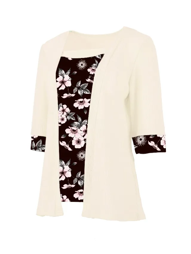 Women's Fake Two piece Five quarter Sleeve Printed Top T shirt Beige - Shop at LoveMi