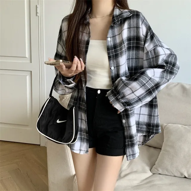 Womens Retro Long Sleeve Plaid Shirt Top Black - Shop at LoveMi