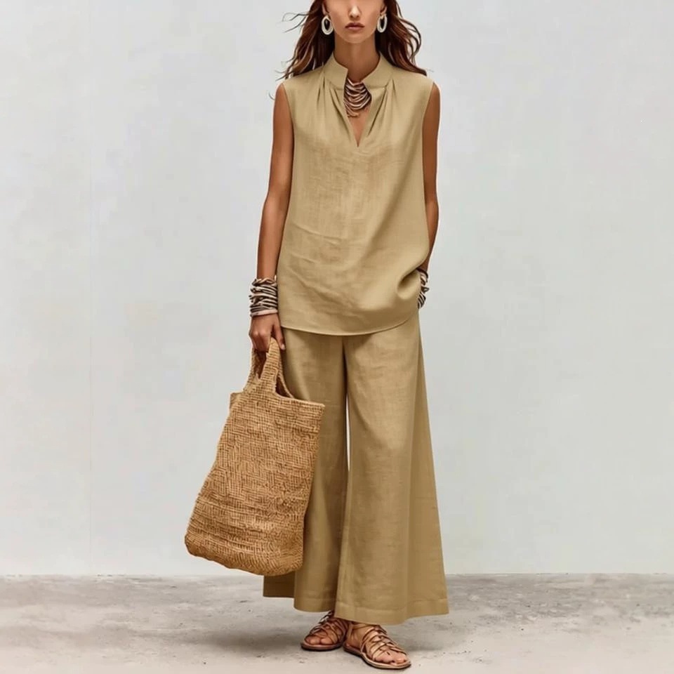 Sleeveless Deep-V-neck Casual Chic Womens Set