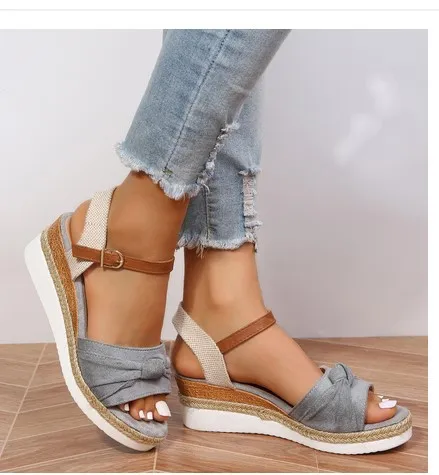 Women's Sandals With Bow Rope Bottom Lightweight Casual Gray - Shop at LoveMi
