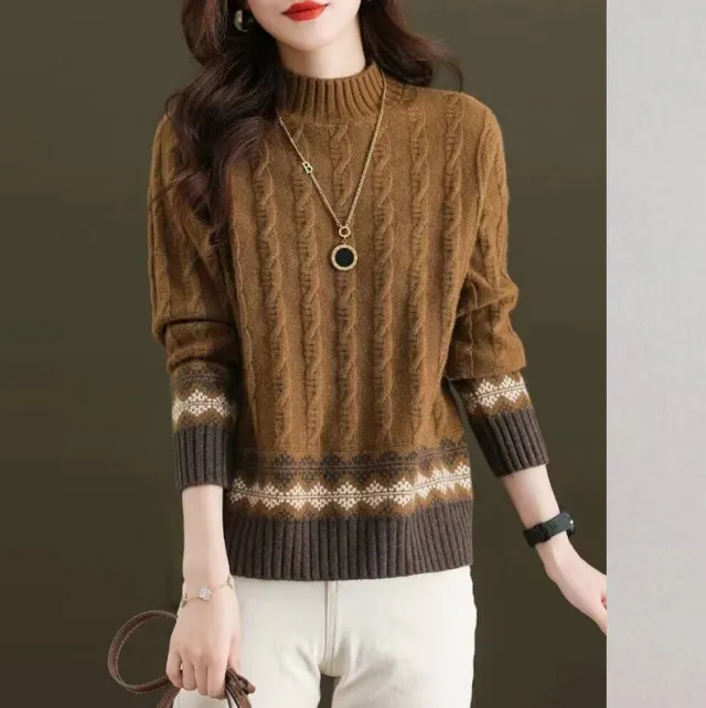 Women's Sweater Autumn And Winter New Half Turtleneck Twist Color Matching Shirt Camel - Shop at LoveMi
