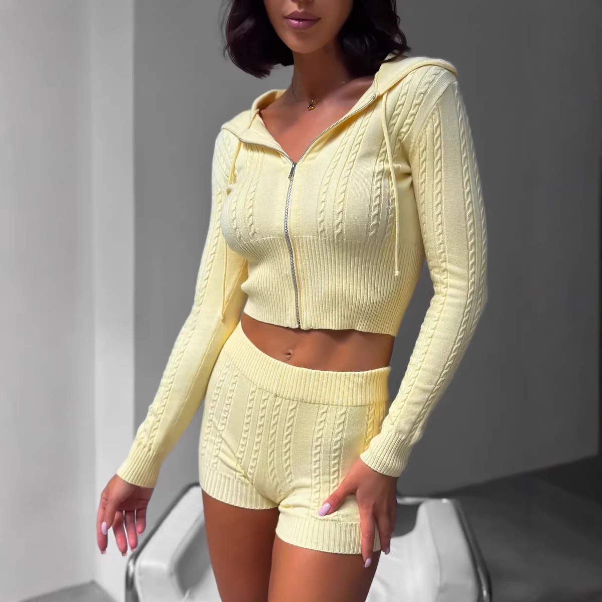 Hooded Zip-up Top And High-waisted Shorts Set